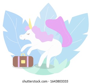 Flat style illustration with colored unicorn and luggage. Travelling concept. Cute unicorn with closed eyes holding a suitcase. Vector illustration isolated on white background. 