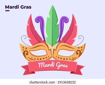 Flat style illustration of colorful Mardi Gras face mask with feather, happy Mardi Gras day, Festive Mardi Gras festival, Carnival Mardi Gras equipment, Venice festival, Fat Sunday, Party.