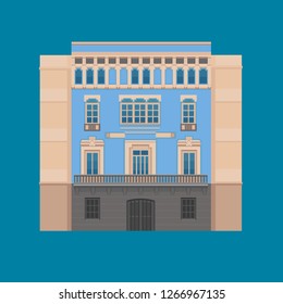 Flat style illustration of a colourful building. Barcelona architecture vector.