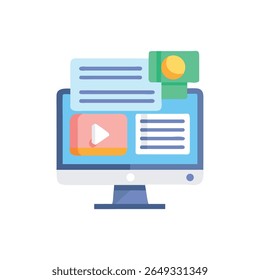 Flat style illustration of a computer screen displaying website and video content. Features a blue screen, video play button, and webpage elements.