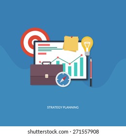 Flat style illustration concept , about strategy planning, containing statistics , icons , chart,pencil,target, post it light bulb other business related materials.