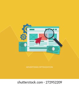 Flat style illustration concept , about ad designing , containing statistics , icons , chart,money , magnifier and other ad related materials.