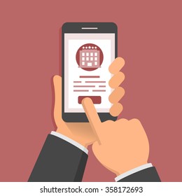 Flat style illustration concept of booking hotel via mobile app