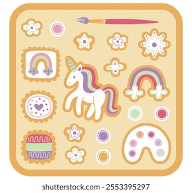 Flat style illustration of a cookie decorating kit for children featuring unicorn-shaped cookies, rainbows, stars, flowers, and a paintbrush for colorful creativity and fun activities.