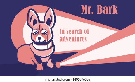 Flat style illustration with a Corgi dog in the flashlights wearing sunglasses at night, poster design, pink and violette