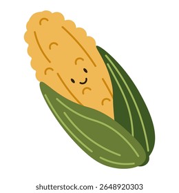 Flat style illustration of a corn with happy face, ideal for healthy eating, cooking projects, and vegetable-inspired designs