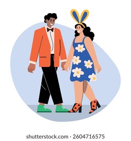 A flat style illustration of a couple celebrating easter together 