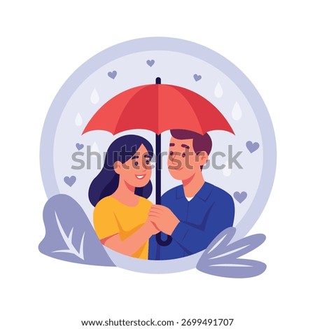 Flat style illustration of a couple doing romance under umbrella