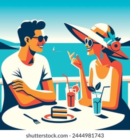 Flat style illustration of a couple enjoying drinks at a seaside cafe, with a sailboat in the distance.