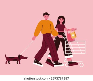 Flat style illustration of a couple shopping with a dachshund, ideal for lifestyle, pet, and modern design projects.