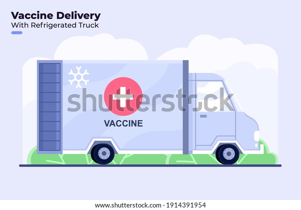 Flat style illustration of Covid-19 Coronavirus\
Vaccine Delivery or Distribution with Refrigerator truck, Covid-19\
Vaccine Delivery With Refrigerated truck, Coronavirus Vaccine\
Distribution process.