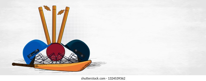 Flat style illustration of cricket attire helmets with bat, ball and stumps on white background. Cricket tournament header or banner design.