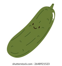 Flat style illustration of cucumber with happy face, ideal for healthy eating, cooking projects, and vegetable-inspired designs