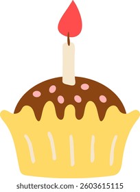 Flat style illustration of a cupcake with a lit candle, perfect for birthday celebrations, festive designs, invitations, and dessert-themed projects. Ideal for party decorations, greeting cards