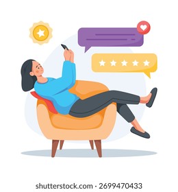Flat style illustration of a customer giving feedback after online purchase