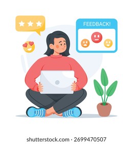 Ilustração em estilo plano de um cliente dando feedback após a compra on-line