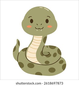 Flat style illustration of a cute cartoon snake with a friendly smile and spotted body, perfect for childrens books, educational materials, and jungle-themed designs.