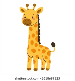Flat style illustration of a cute cartoon giraffe standing, ideal for childrens books, jungle-themed projects, and playful animal designs