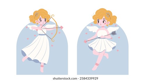 Flat style illustration of a cute cupid angel with golden curls, holding a bow and arrow, surrounded by floating hearts, symbolizing love and romance, ideal for Valentine's Day and romantic themes