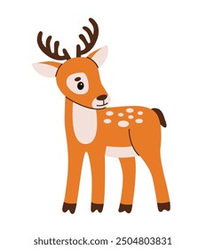 Flat style illustration of a cute deer with antlers and white spots. Perfect for children's designs, educational materials, greeting cards, stickers, and digital projects.