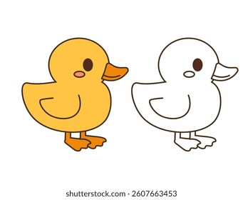 Flat style illustration of a cute duckling in color and outline versions, ideal for childrens books, printable coloring pages, and farm-themed designs.
