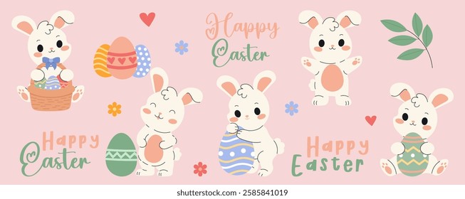 Flat style illustration of cute Easter bunnies with decorated eggs and a festive basket, perfect for holiday designs, greeting cards, and seasonal decorations.