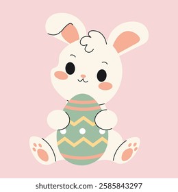 Flat style illustration of a cute Easter bunny holding a decorated egg, ideal for holiday cards, festive designs, and seasonal projects.