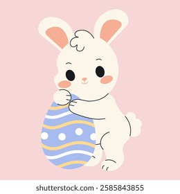 Flat style illustration of a cute Easter bunny holding a decorated egg, ideal for festive designs, greeting cards, and spring-themed projects.