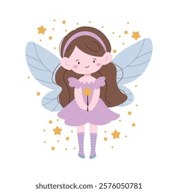 Flat style illustration of a cute fairy with brown hair, holding a magic wand, surrounded by golden stars, ideal for children's designs, fantasy themes, and magical projects.