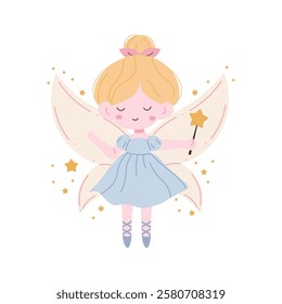 Flat style illustration of a cute fairy with blonde hair, holding a magic wand, surrounded by golden stars, ideal for children's designs, fantasy themes, and magical projects.