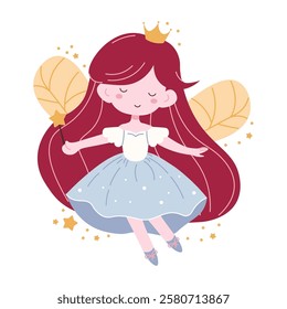 Flat style illustration of a cute fairy with red hair, holding a magic wand, surrounded by golden stars, ideal for children's designs, fantasy themes, and magical projects.