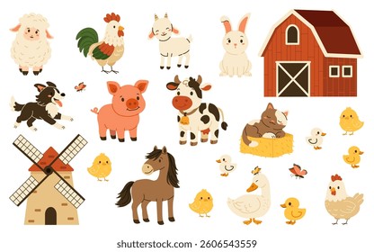 Flat style illustration of cute farm animals, barn, windmill, and chicks in a playful setting