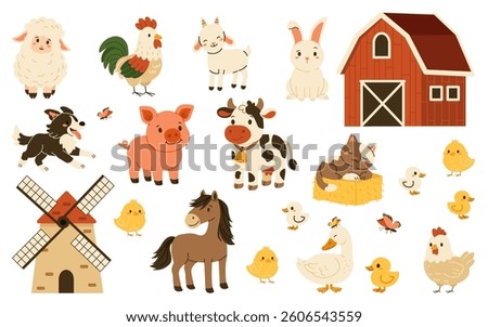 Flat style illustration of cute farm animals, barn, windmill, and chicks in a playful setting