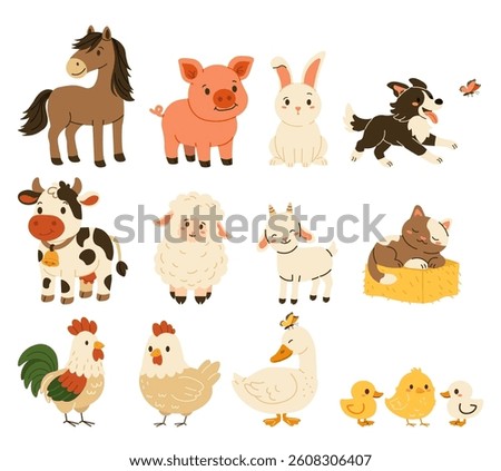 Flat style illustration of cute farm animals including horse, pig, bunny, dog, cow, sheep, goat, cat, chicken, duck, and chicks, ideal for children’s books, learning materials, and farm-themed designs