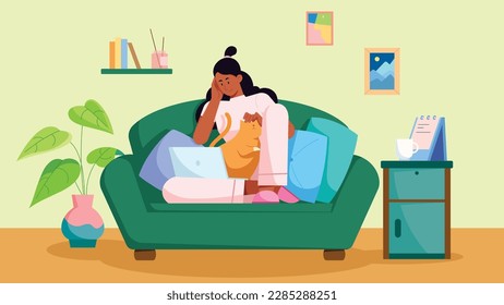 Flat style illustration with cute female freelancer working on laptop in the comfort of her home.