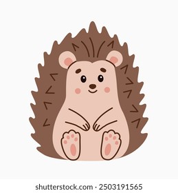 Flat style illustration of a cute hedgehog sitting happily Perfect for children designs, greeting cards, and digital projects Warm, friendly character suitable for various creative uses