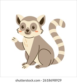 Flat style illustration of a cute lemur sitting and waving, perfect for childrens books, jungle-themed projects, educational materials, and playful animal designs.