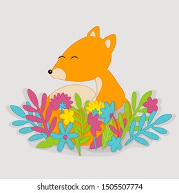 Flat style illustration of cute little fox and flowers.  Isolated illustration on white background.