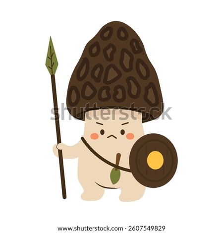 Flat style illustration of a cute morel mushroom warrior holding a spear and shield, perfect for fantasy games, childrens adventures, and whimsical forest character collections.