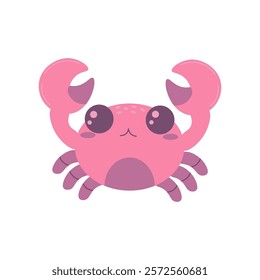 Flat style illustration of a cute pink crab with large claws and expressive eyes, perfect for ocean-themed designs, children's projects, and marine life decorations.