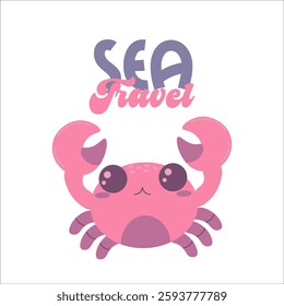 Flat style illustration of a cute pink crab with large claws and expressive eyes, with lettering