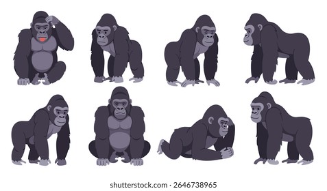 ilustração de estilo plano de bonitinho brincalhão desenho animado gorilas mascote em várias poses: saltar, sentar, deitar-se, e andar, perfeito para materiais educacionais das crianças