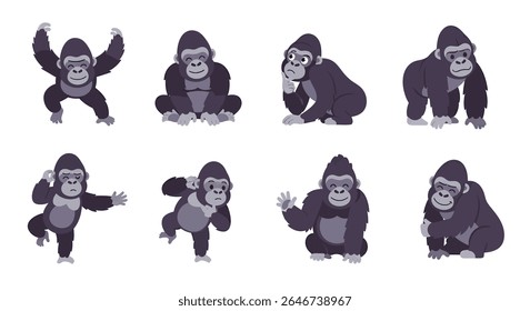ilustração de estilo plano de bonitinho brincalhão desenho animado gorilas mascote em várias poses: saltar, sentar, deitar-se, e andar, perfeito para materiais educacionais das crianças
