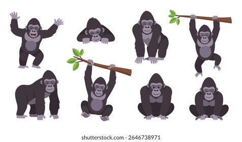 ilustração de estilo plano de bonitinho brincalhão desenho animado gorilas mascote em várias poses: saltar, sentar, deitar-se, e andar, perfeito para materiais educacionais das crianças