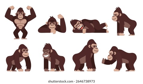 ilustração de estilo plano de bonitinho brincalhão desenho animado gorilas mascote em várias poses: saltar, sentar, deitar-se, e andar, perfeito para materiais educacionais das crianças
