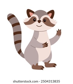 Flat style illustration of a cute raccoon waving happily Perfect for children designs, greeting cards, and digital projects Warm, friendly character suitable for various creative uses