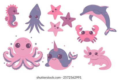 Flat style illustration of cute sea animals including dolphin, narwhal, octopus, crab, seahorse, starfish, squid, and axolotl, ideal for ocean-themed designs and children’s projects.