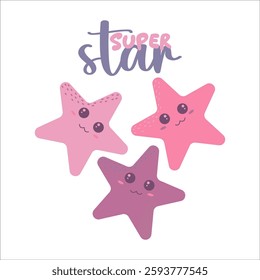 Flat style illustration of cute starfish in pink and purple shades with smiling faces, surrounded by small stars with lettering