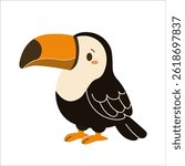 Flat style illustration of a cute toucan with a large colorful beak, perfect for childrens books, jungle-themed projects, and playful tropical designs.