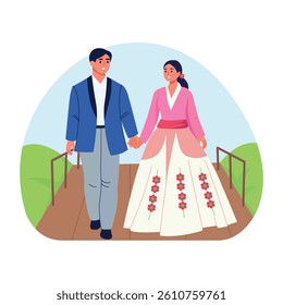 A flat style illustration of a cute traditional couple